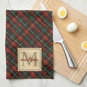 Classic Christmas Red Tartan Plaid Monogram Name Tea Towel