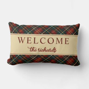 Classic Christmas Red Tartan Plaid Welcome Home Lumbar Cushion