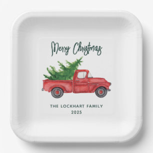 Classic Christmas Red Truck Script Holiday Custom Paper Plate