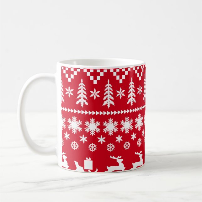 Classic Christmas: Red White Winter Pattern Coffee Mug (Left)