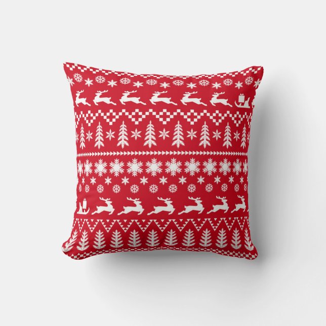 Classic Christmas: Red White Winter Pattern Cushion (Front)