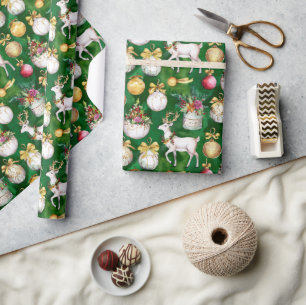 Classic Christmas Reindeer & Ornaments Green Wrapping Paper