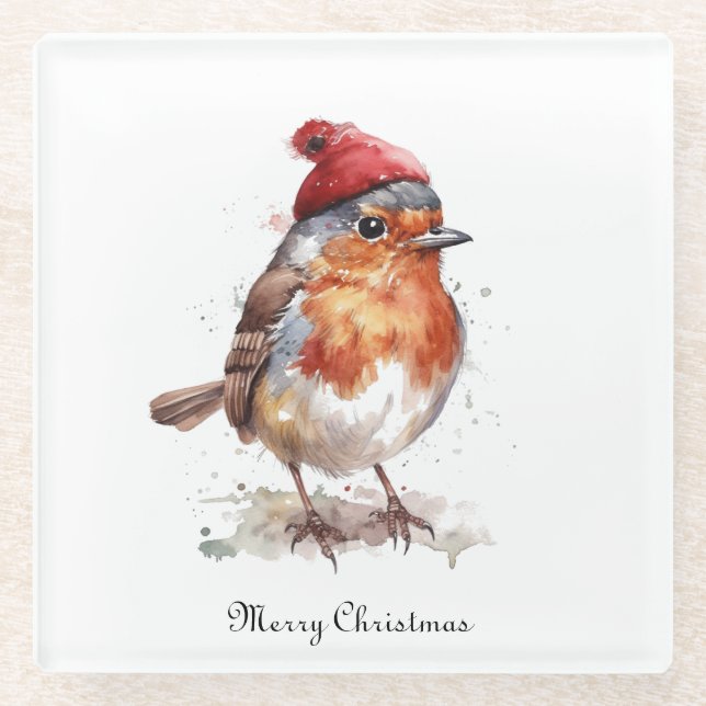 Classic Christmas Robin, custom  Glass Coaster (Front)