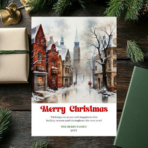 Classic Christmas scene card watercolor red green 