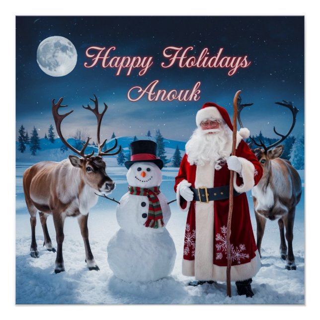 Classic Christmas Scene with Santa, Snowman Poster (Front)