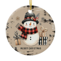 Classic Christmas snowman on a warm plaid ornament