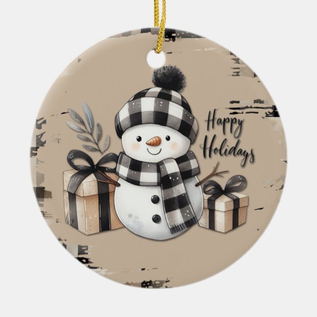 Classic Christmas snowman on a warm plaid ornament (Front)