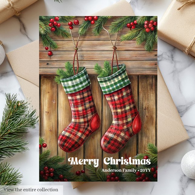 Classic Christmas stocking rustic holly berries Holiday Card (Classic Christmas bells rustic holly berries greeting)