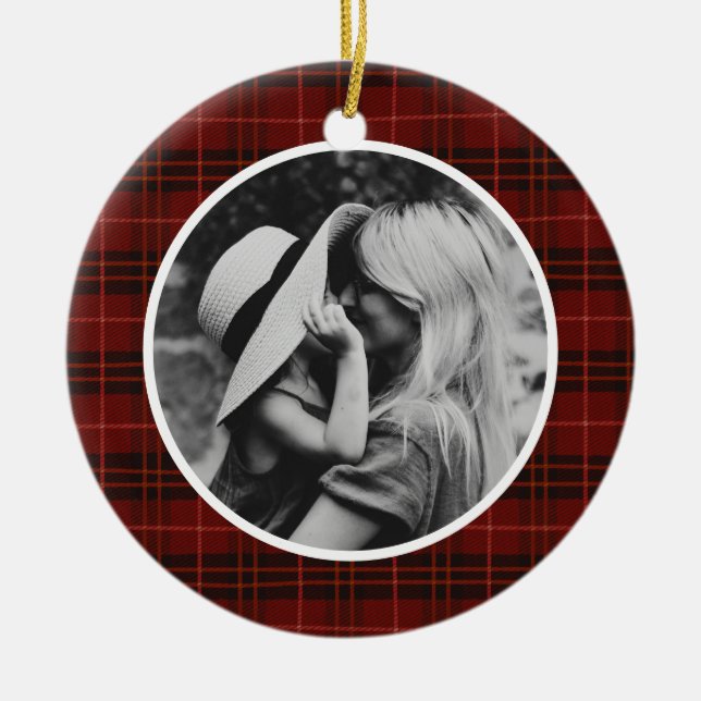 Classic Christmas Tartan Red Plaid Photo Ceramic Ornament (Front)