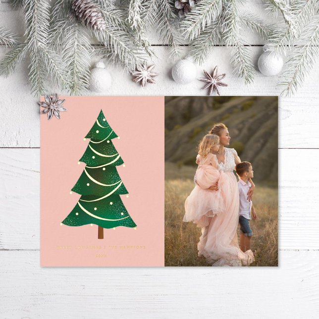 Classic Christmas Tree Blush Pink Photo Foil Holiday Card (Creator Uploaded)
