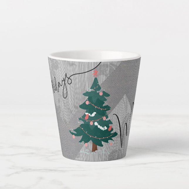 Classic Christmas Tree Chic Monochrome Floral Name Latte Mug (Front)