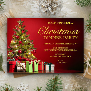 Classic Christmas Tree   Red Holiday Dinner Party Invitation