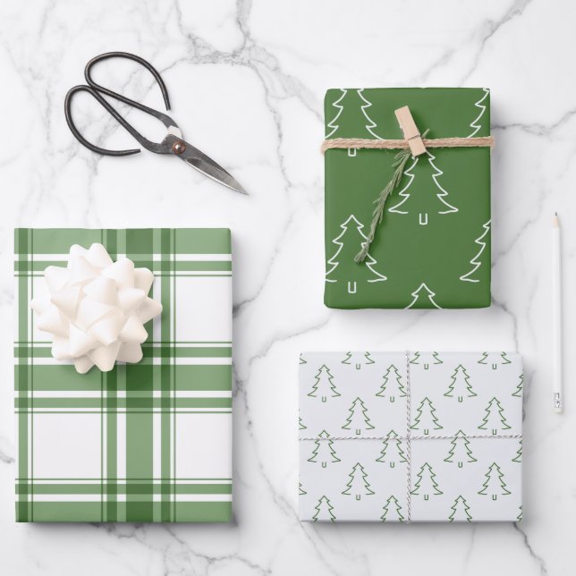 Classic Christmas Trees & Plaid Green Wrap Wrapping Paper Sheet (Front)