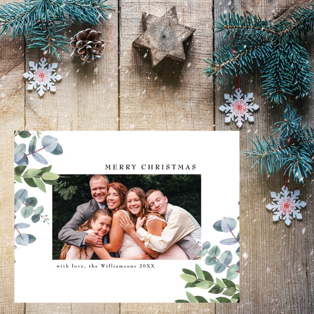 Classic Christmas White Eucalyptus Greenery Photo Holiday Postcard (Creator Uploaded)