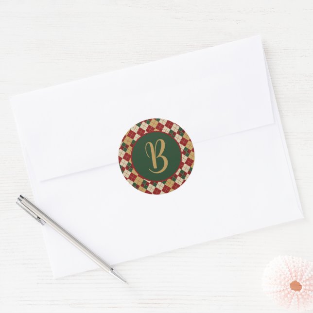 Classic, Christmas/winter argyle patterned Classic Round Sticker (Envelope)