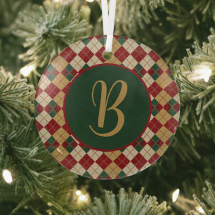 Classic, Christmas/winter argyle patterned Glass Tree Decoration