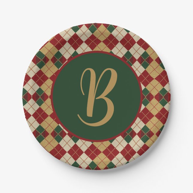 Classic, Christmas/winter argyle patterned Paper Plate (Front)