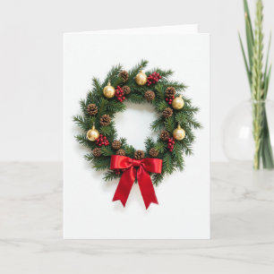 Classic Christmas Wreath Card Red Bow and Gold