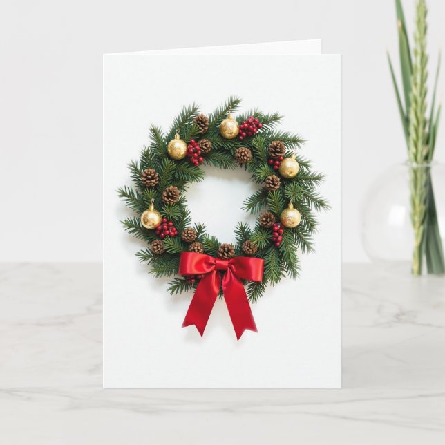 Classic Christmas Wreath Card Red Bow and Gold (Front)
