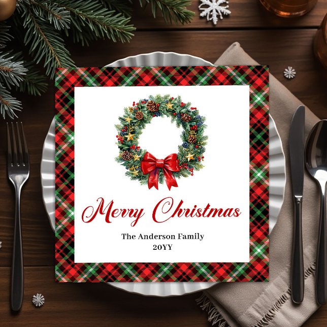 Classic Christmas Wreath Napkin with Custom Name (Classic Christmas Wreath Napkin with Custom Name)