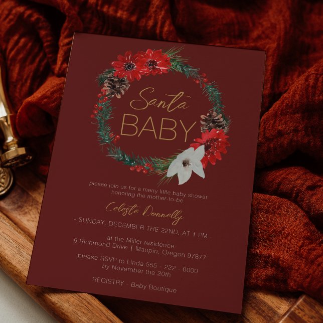 Classic Christmas Wreath Red Santa Baby Shower Invitation (Creator Uploaded)