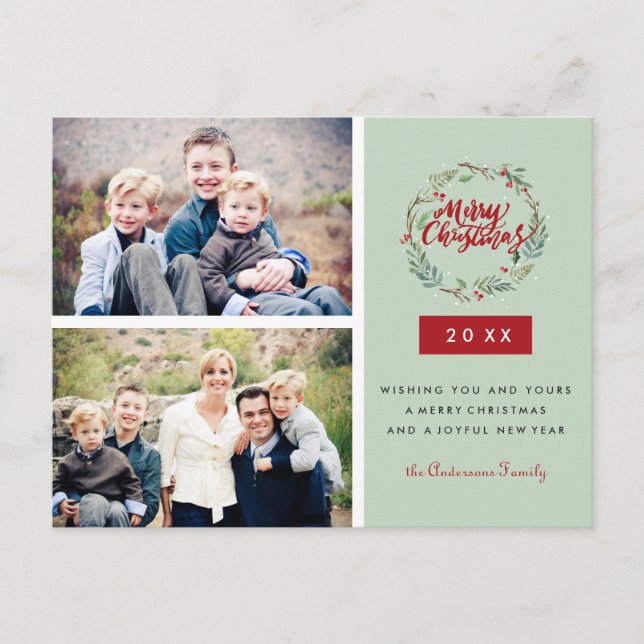 Classic Christmas Wreath Two Photos Personalised Postcard (Front)