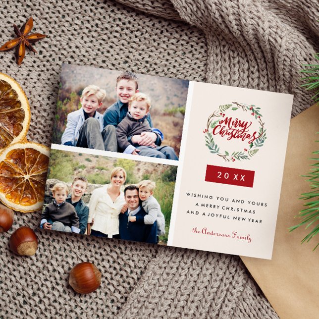 Classic Christmas Wreath Two Photos Personalised Postcard (Capture Cherished Memories with our Classic Holiday Card Design |Winter Flowers and Berries Wreath)