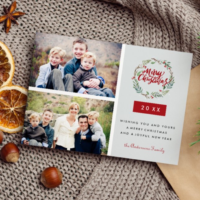 Classic Christmas Wreath Two Photos Personalised Postcard (Christmas Postcard with 2 landscape photo, custom message on the front, red and neautral colors,)