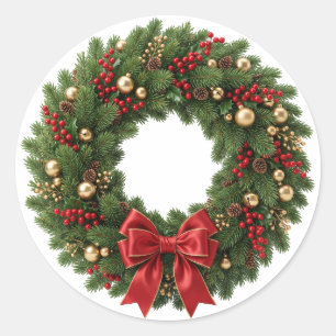 Classic Christmas Wreath with Red Ribbon and Gold Round Sticker