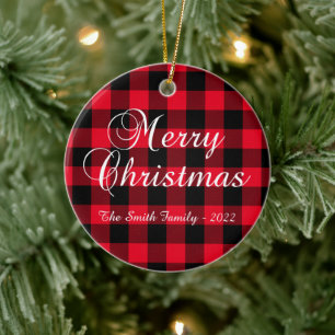 Classic Christmassy Red Buffalo Plaid Family Photo Ceramic Ornament