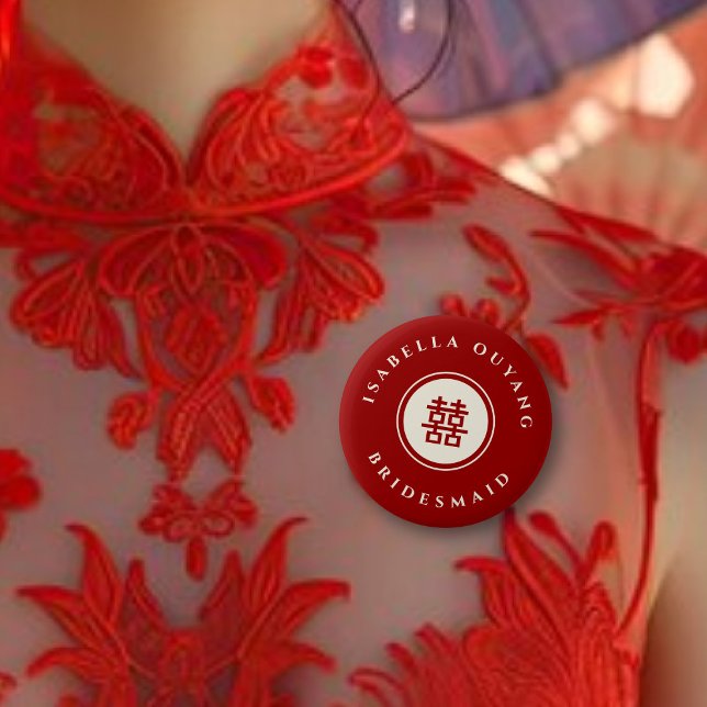 Classic Circle Double Xi Chinese Wedding Party 6 Cm Round Badge (BRIDESMAID Classic Circle Double Happiness Chinese Wedding Party Pinback Button @ fatfatin_red_knot)