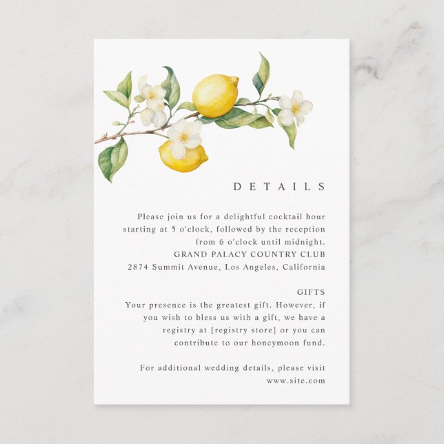 Classic Citrus Lemon Summer Wedding Enclosure Card (Front)