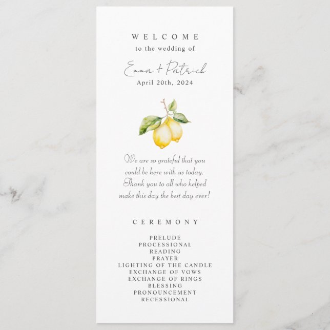 Classic Citrus Lemon Summer Wedding Program (Front)