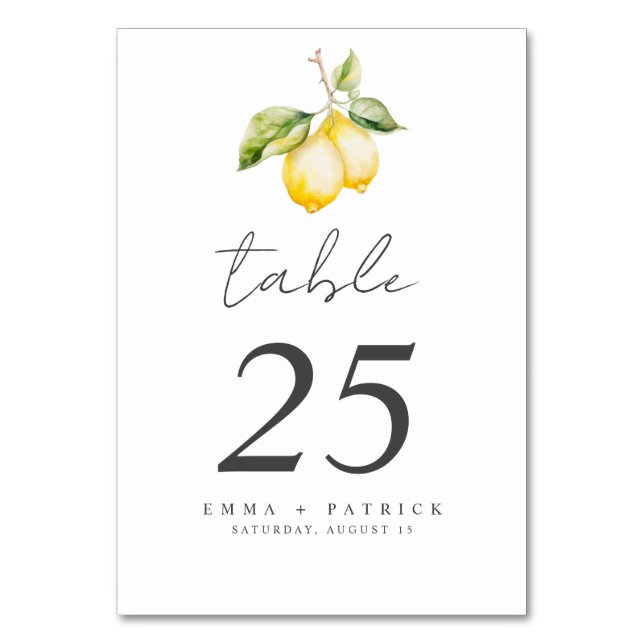 Classic Citrus Lemon Summer Wedding Table Number (Front)
