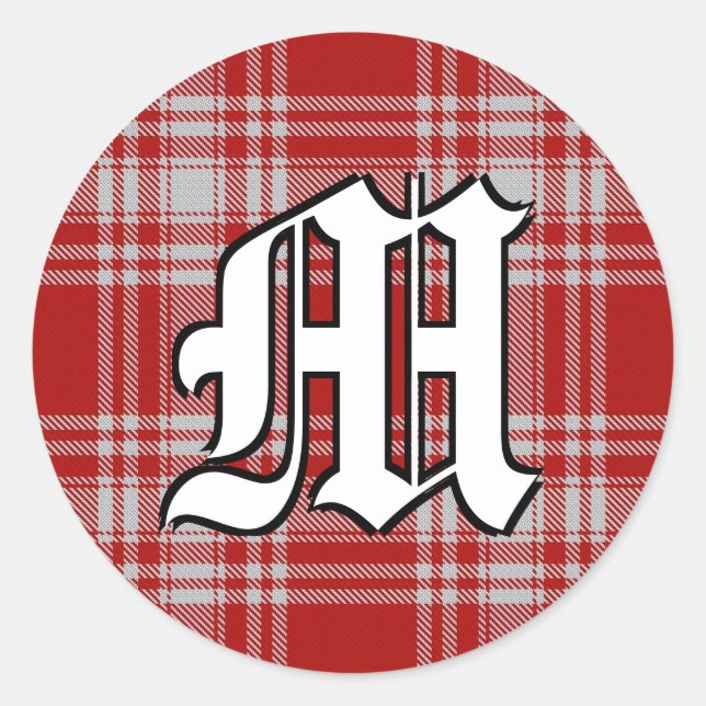 Classic Clan Menzies Red and White Tartan Monogram Classic Round Sticker (Front)