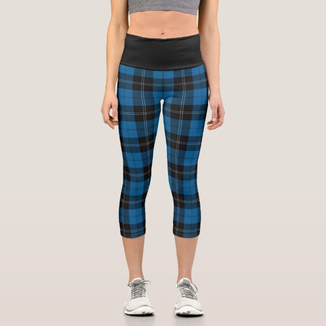 Classic Clan Ramsay Blue and Black Tartan Plaid Capri Leggings (Front)
