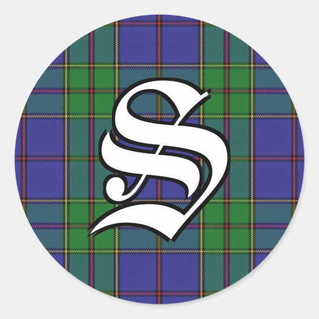 Classic Clan Strachan Tartan Monogram Round Sticker (Front)