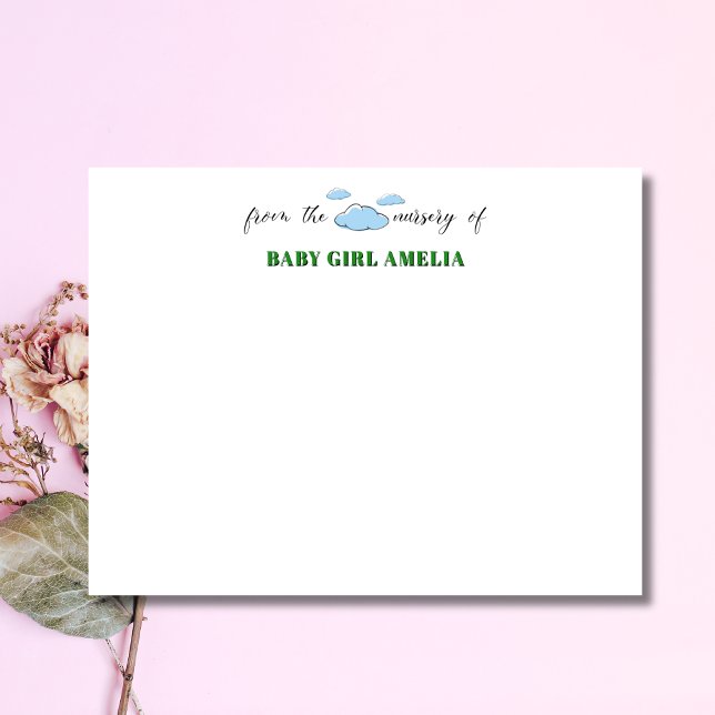 Classic Clouds Forest Green Name Nursery Note Card (Creator Uploaded)