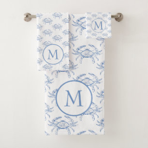 Classic Coastal Blue and White Crabs Monogram Bath Towel Set