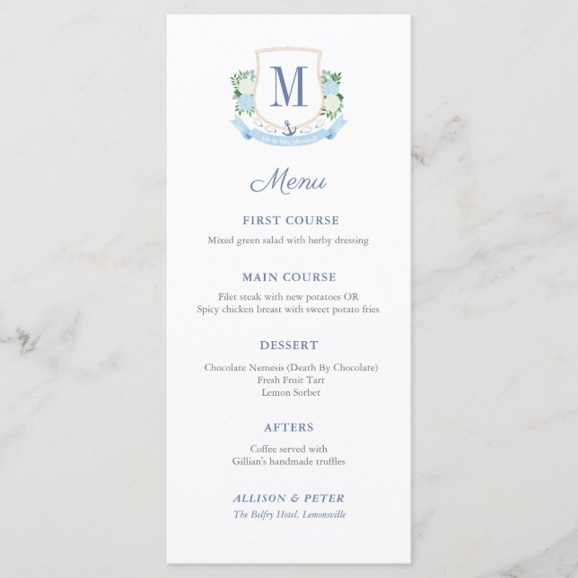 Classic Coastal Monogram Wedding Reception Menu (Front)