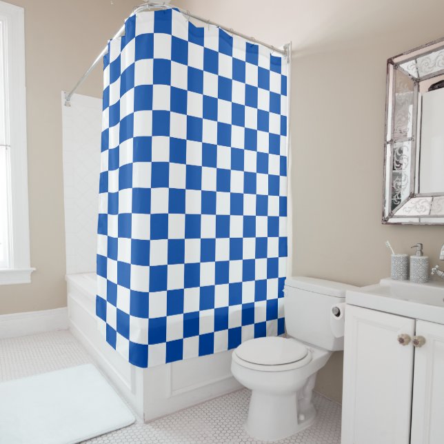 Classic cobalt blue chequerboard shower curtain (In Situ)