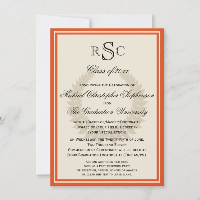Classic College Graduation Invite Monogram Initial (Front)