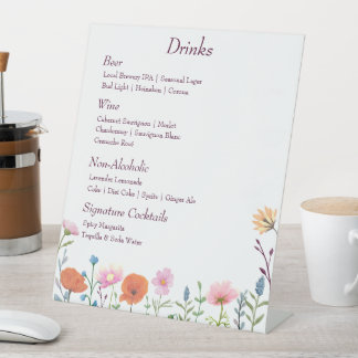 Classic colorful floral greenery drinks menu pedestal sign