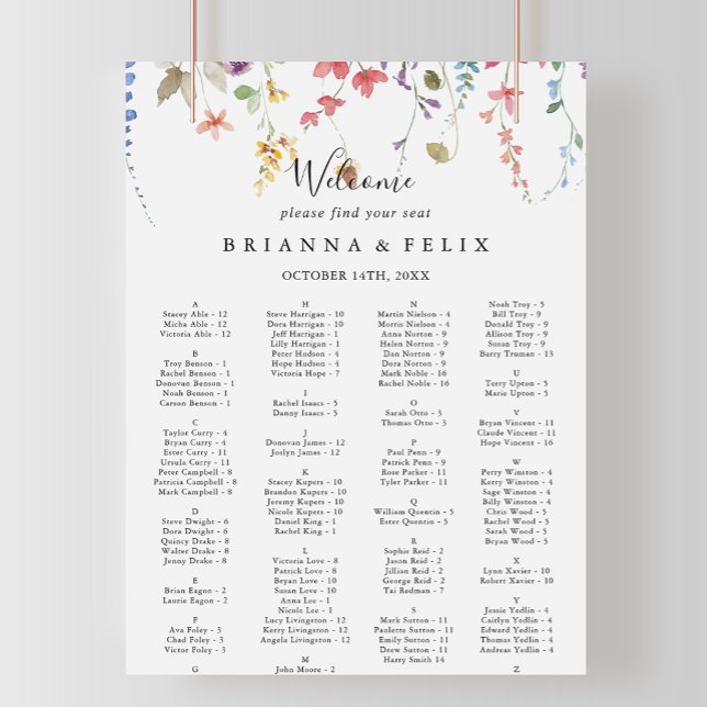 Classic Colourful Floral Alphabetical Seating Char Poster (Creator Uploaded)