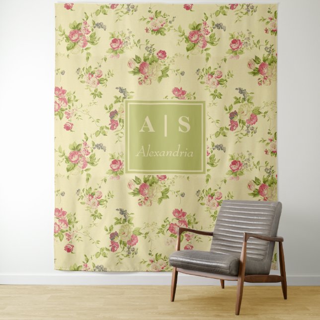 Classic Colourful Roses | Floral Monogram Tapestry (In Situ)