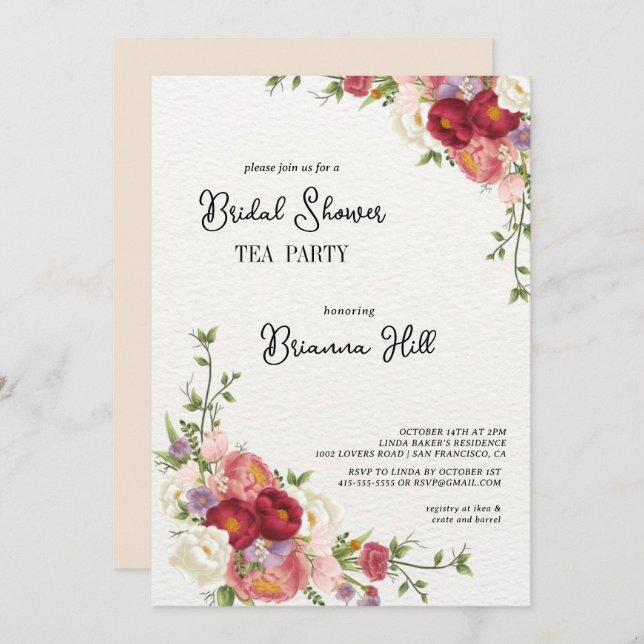 Classic Colourful Wild Bridal Shower Tea Party  Invitation (Front/Back)