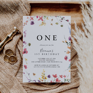 Classic Colourful Wild Floral First Birthday Party Invitation