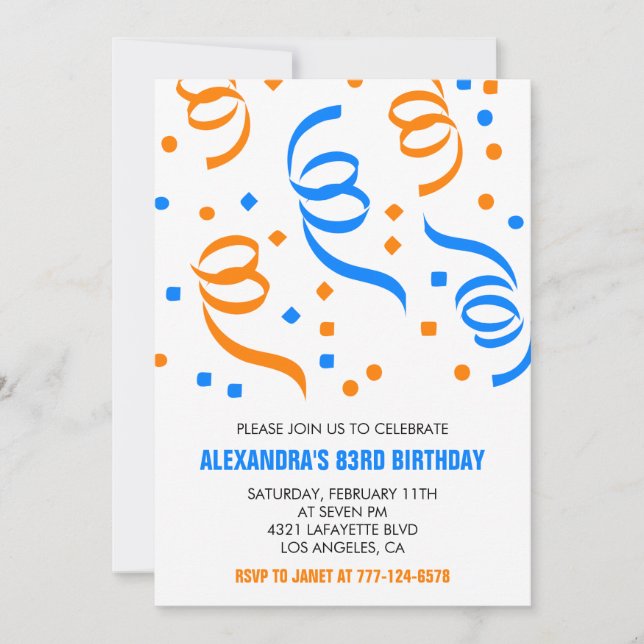 Classic Confetti Blue Orange 83rd birthday Invitation (Front)