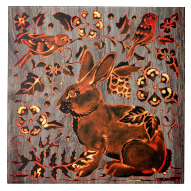 Classic Copper Bunny Rabbit Birds Floral on Stone Ceramic Tile (Front)
