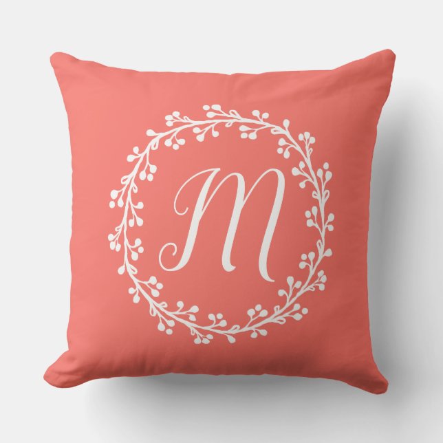 Classic Coral Delicate Wreath Monogram Cushion (Front)